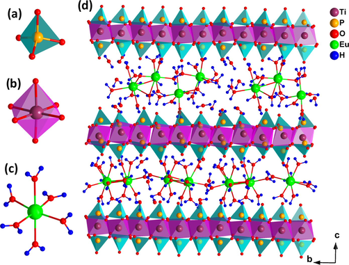 Perspective view of the coordination environment of P (a), Ti (b), Eu (c) and the projection of the structural model of [Eu(H2O)6]2/3Ti(PO4)2·[(H2O)6]1/3 along the a-axis (d).