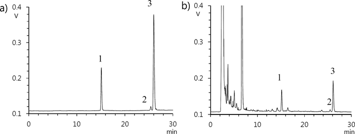 HPLC chromatogram of (a) standards and (b) GS sample. Peak identification: 1. GC, 2. GA, 3. GB. HPLC conditions: Column; Optimapak C18, eluents; 0.5% acetic acid in water (A), methanol/acetonitrile (1:1) (B), gradient; 0 min - 25% B, 30 min - 45% B, flow rate; 1 mL/min, injection volume; 10 μL.
