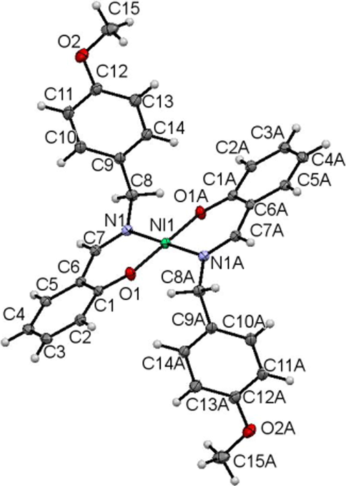 ORTEP diagram of Ni(L1c)2 drawn at 50% probability ellipsoids.