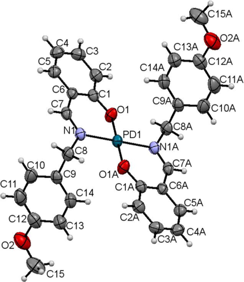 ORTEP diagram of Pd(L1c)2 drawn at 50% probability ellipsoids.