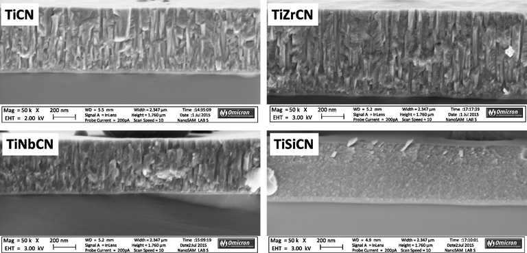 SEM crosssection through the various coated surfaces.