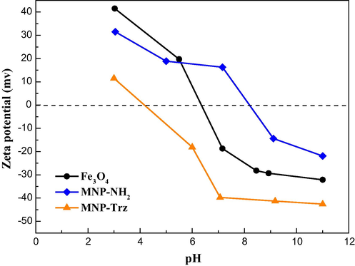 Zeta potential of crude Fe3O4, MNP-NH2and MNP-Trz magnetic nanoparticles as function of pH in 1 mM NaCl solution.