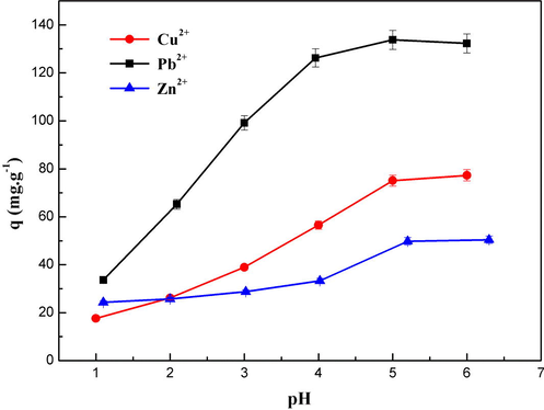 Effect of pH on the adsorption capacity of Cu (II), Pb (II) and Zn(II) metal ions by MNP-Trz in aqueous solution. Initial concentration of metal ions 400 mg L−1; reaction time 240 min; mixed 250 rpm at T = 25 °C.