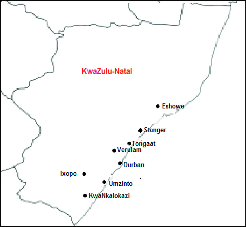 Map of eight chosen market sites in KwaZulu-Natal, South Africa, from which C. obliquus bulbs were purchased. Sites: A1-Durban, A2-Umzinto, A3-Eshowe, A4-Verulam, A5-Stanger, A6-Tongaat, A7-KwaNkalokazi and A8-Ixopo.