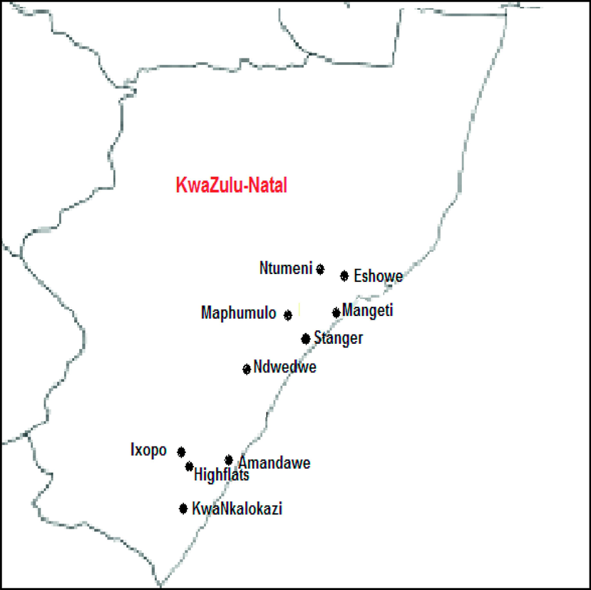 Map of ten chosen sites in KwaZulu-Natal, South Africa, from which L. javanica leaves and soil samples were collected. Sites: B1-Amandawe, B2-Eshowe, B3-Ntumeni, B4-Mangeti, B5-Maphumulo, B6-Stanger, B7-Ndwedwe, B8-Ixopo, B9-KwaNkalokazi and B10-Highflats.