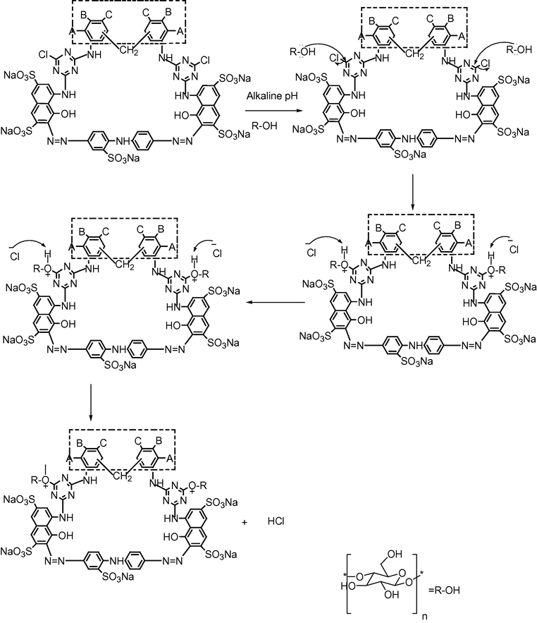 Mechanistic pathway of cotton fiber reaction with synthesized reactive dyes S1–S10.