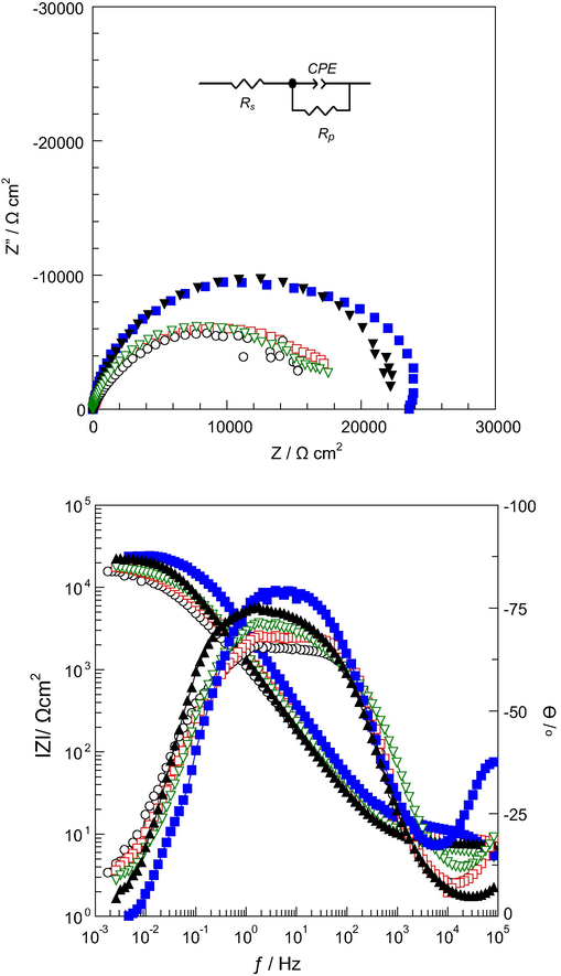 EIS results of SS( ), SS/P(In-co-An)(1:1)( ), SS/P(In-co-An)(1:9)( ), SS/TiO2/P(In-co-An)(1:1)( ), SS/TiO2/P(In-co-An)(1:9)(▾) after 24 h immersion time. (The equivalent circuit was given inset.)