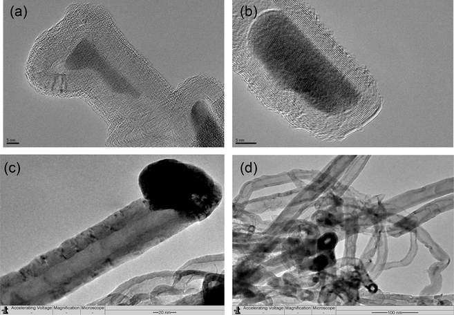 TEM images of the carbon nanofibers formed over (a) Fe-Al-Imp calcined at 500 °C; (b) Fe-Al-CP spent catalyst calcined at 500 °C; (c and d) Fe-Al-CP spent catalysts calcined at 800 °C.