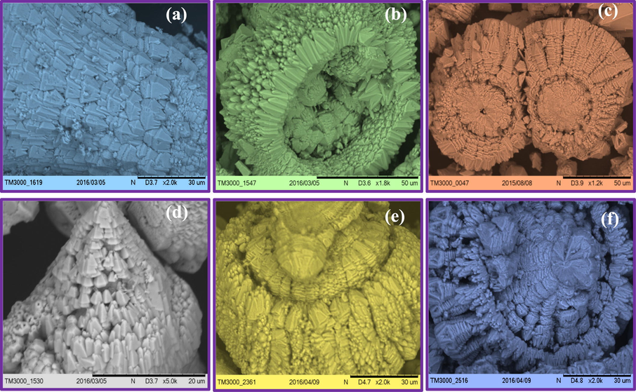 SEM images of ZnO: Nd3+ superstructures with different sonication time (a) 1 h, (b) 2 h, (c) 3 h, (d) 4 h, (e) 5 h (f) 6 h with 30 ml A.V. and 24 kHz ultrasonic power.