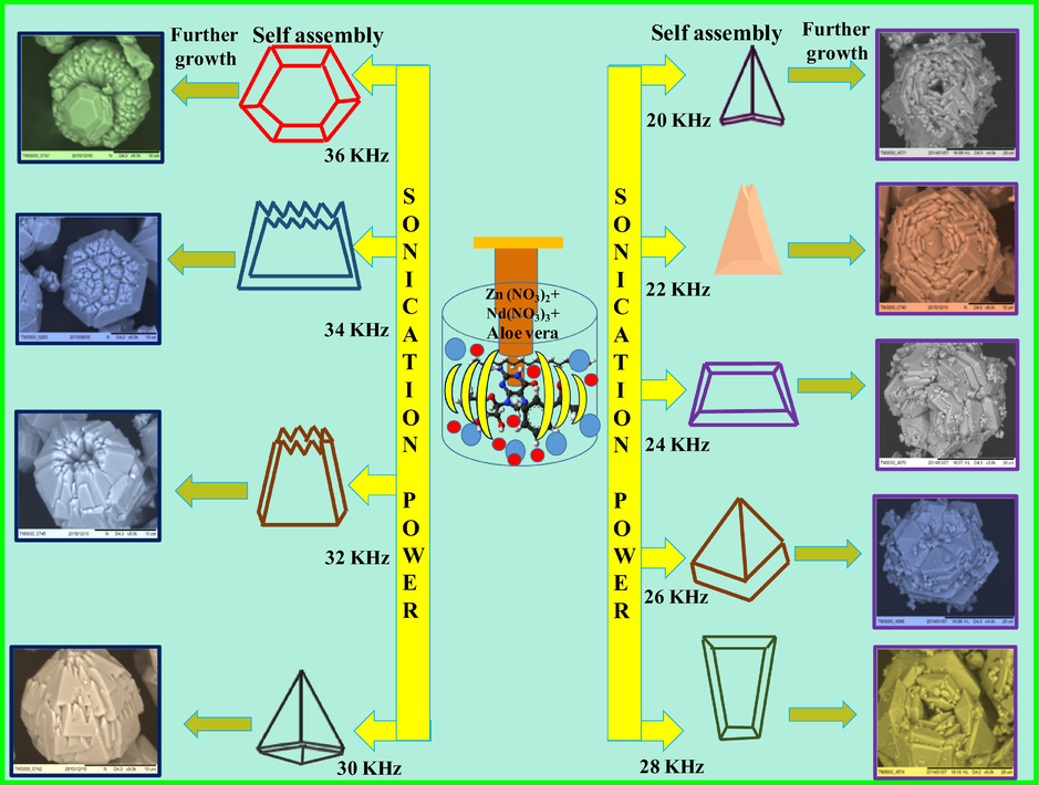 SEM images of ZnO: Nd3+ superstructures synthesized at various ultrasonic power (20–36 kHz).