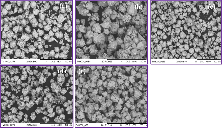 Formation of cone-like structures of ZnO: Nd3+ with 30 ml of A.V. and 24 kHz ultrasonication power at different temperatures (a) 313 K (b) 323 K (c) 233 K (d) 343 K (e).