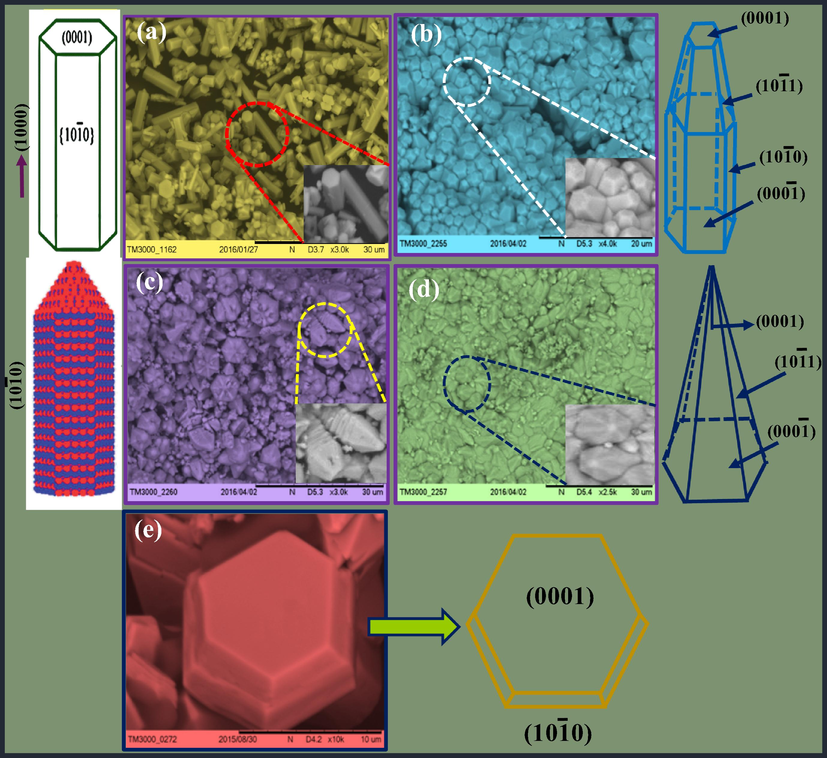 SEM images of ZnO: Nd3+ superstructures at (a) pH = 1, (b) pH = 3, (c) pH = 5, (d) pH = 7 and (e) pH = 9.