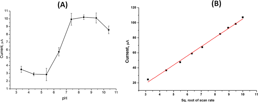 (A) Effect of pH changes on the oxidation peak current of NADH (300 µM). (B) The effect of scan rate on the changes of oxidation peak current of NADH (300 µM).