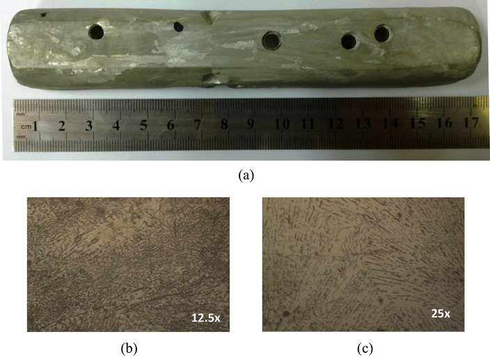 (a) Macrostructure of Sn-8.9 wt.%Zn. (b) and (c) Microstructures of columnar and equiaxed zones of the specimens, respectively.