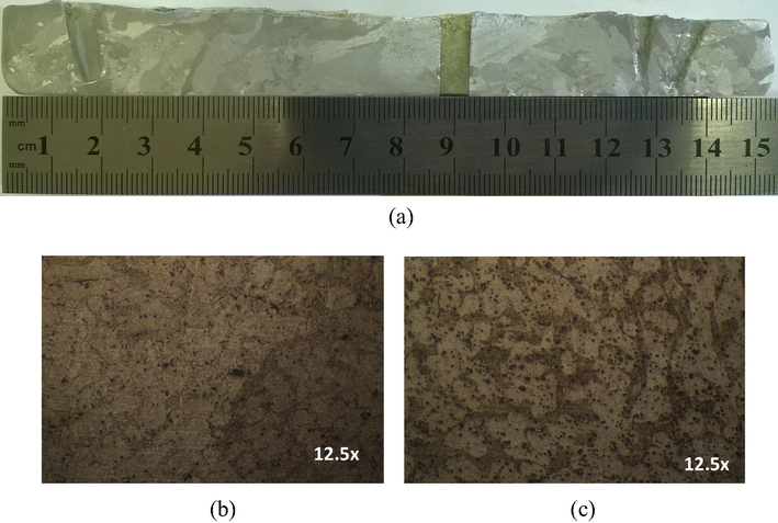 (a) Macrostructure of Sn-4 wt.%Zn. (b) and (c) Microstructures of columnar and equiaxed zones of the specimens, respectively.