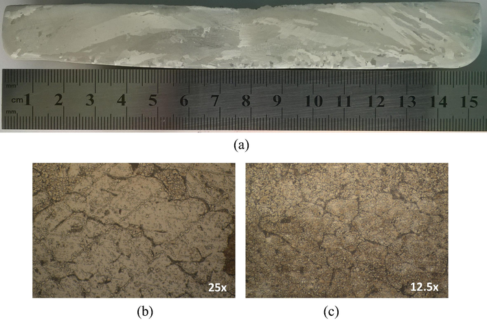 (a) Macrostructure of Sn-1 wt.%Zn. (b) and (c) Microstructures of columnar and equiaxed zones of the specimens, respectively.