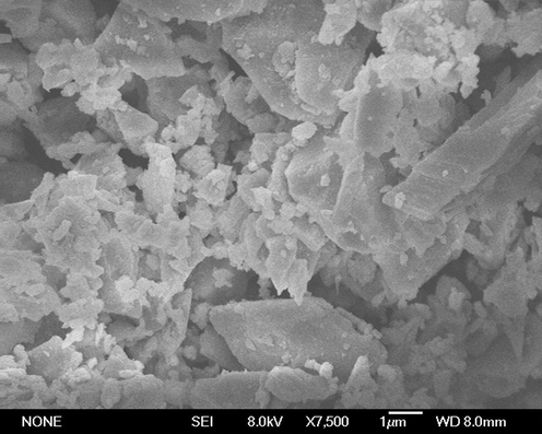 Scanning electron microscope image (magnification × 7500) showing the surface morphology of powdered tourmaline.