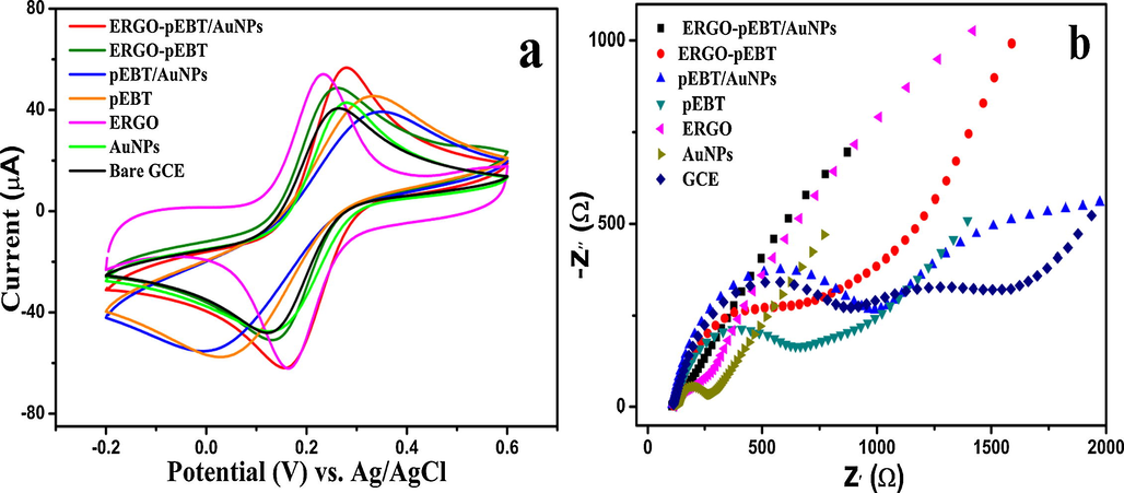 (a) CVs and (b) Nyquist plots of different modified electrodes in 5.0 mM [Fe(CN)6]−3/−4 + 0.1 M KCl at 100 mVs−1.