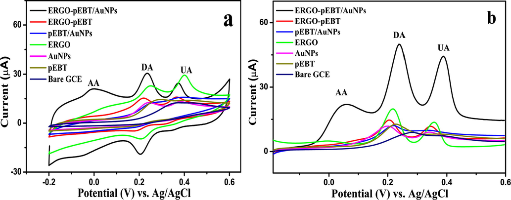 (a) CVs of 10 mM AA, 50 µM DA and 200 µM UA in 0.1 M PBS (pH 6.0) at different modified electrodes (b) DPV of 1 mM AA, 70 µM DA 100 µM UA at modified electrode and bare GCE.