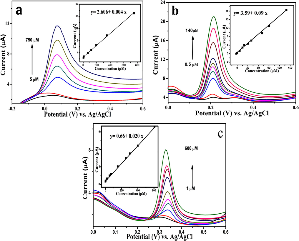 DPVs of GCE/ERGO-pEBT/AuNPs in 0.1 M PBS (pH 6.0) (a) 5–750 µM AA, (b) 0.5–140 µM DA, and (c) 1–600 µM UA. Inset: Calibration curves of Ip vs. concentration.