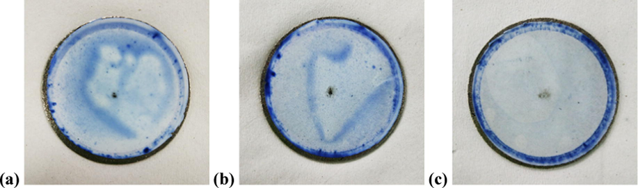 Top surface of (a) TFC, (b) TFC-f and (c) TFN-f 0.03 membranes after 4-h dye filtration process.