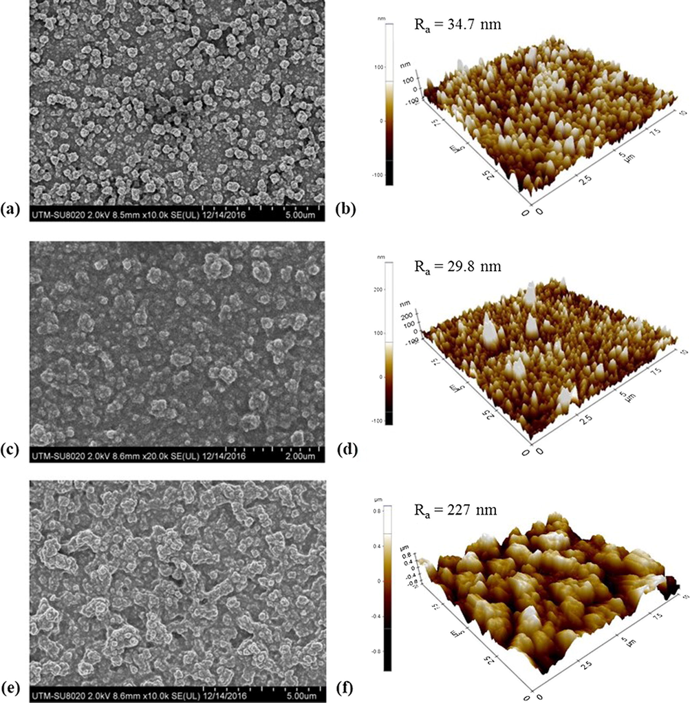 Membrane top surface morphologies and AFM images of (a and b) TFC, (c and d) TFC-f and (e and f) TFN-f 0.03.