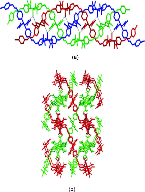 a) The perspective view of the triple-stranded molecular braid in (108), (b) interlaced 3D supramolecular structure containing 1D zigzag polymeric chain in (109).