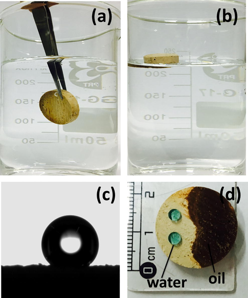 Hydrophobicity and oleophilicity of magnetic poly(HFBA-DVB) foam (sample 3); (a) immersed in the water by external force, (b) floating on water surface upon releasing of external force, (c) water contact angle = 139°, and (d) water (dyed with CuSO4) droplet and oil (gasoline) on the surface.