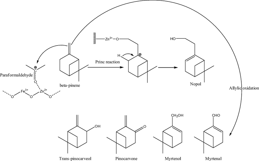 Proposed reaction mechanism of Prins condensation reaction for nopol production over SZF-470 catalyst.