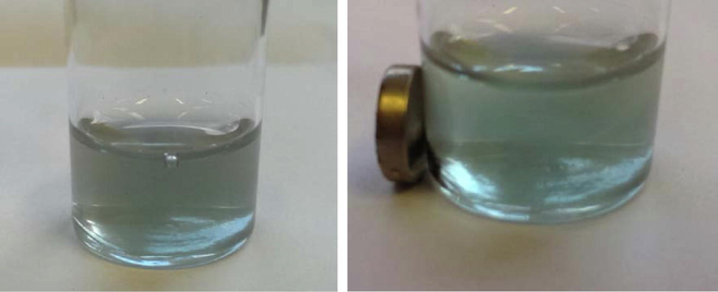 Images of suspended CoFe2O4@SiO2@TiO2 in methylene blue solution in water (left) and in the presence of a permanent magnet (right).