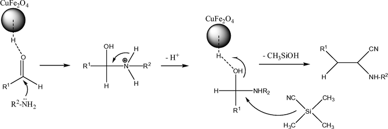 Suggested mechanism for the synthesis of α-aminonitriles derivatives in the presence of acidic nano copper ferrite.
