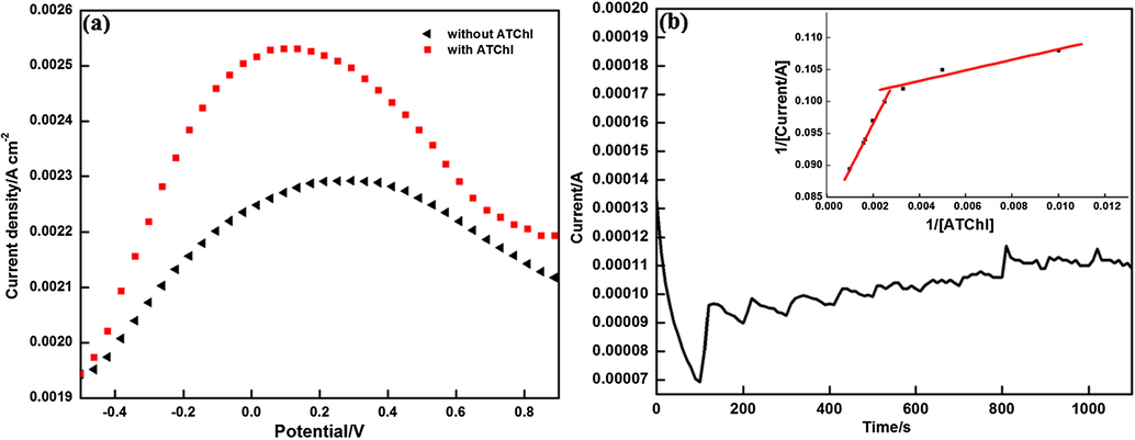 (a) DPV studies of PEDOT-ILRGO/ACHE (◀) in absence of ATChI and ( ) in presence of ATChI in 0.1 M PBS at step potential of 8 mV and 0.2 V modulation amplitude, and (b) Current-time response of sensor on addition of ATChI (in 0.1 M PBS, pH 7.4, 0.68 V) (Inset shows Lineweaver-Burk plot of 1/iss versus 1/C).