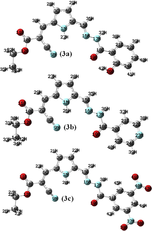 Optimized geometry for the ground state lower energy conformer of (3a–c).