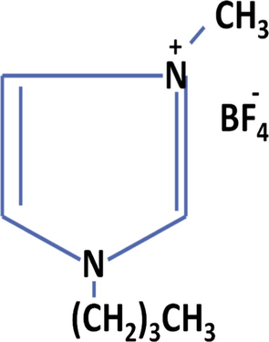 Chemical structure of 1-butyl-3-methylimidazolium tetrafluoroborate ([BMIM][BF4]) http://www.sigmaaldrich.com/catalog/product/fluka/39931.