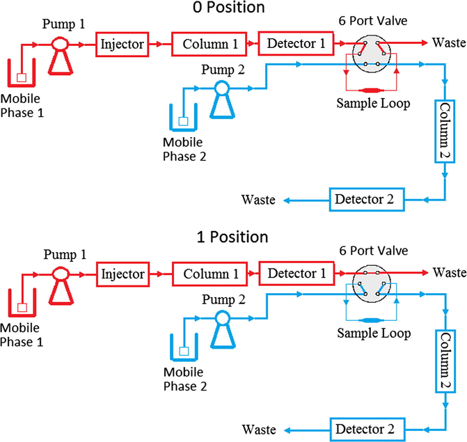 Flow diagram of 2D-LC system for two valve positions.