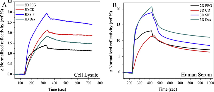 Non-specific adsorption of cell lysate and serum after carboxylation (A) sensorgram showing parallel response of non-specific adsorption of stem cell lysate and (B) human serum on PEG, CD, SIP and dextran surfaces.