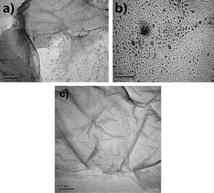 TEM images of GO–Fe3O4 (the resolution (a, c) ×200 nm, (b) ×50 nm) and GO (c).