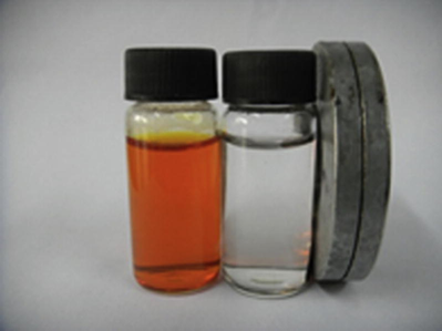 Photograph of CY solution (left), the solution after adsorption by GO–Fe3O4 and separation with a magnet (right).