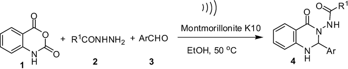 Ultrasound assisted synthesis of 2-aryl substituted N-(4-oxo-1,2-dihydroquinazolin-3(4H)-yl)aryl or alkylamide derivatives in the presence of montmorillonite K10.