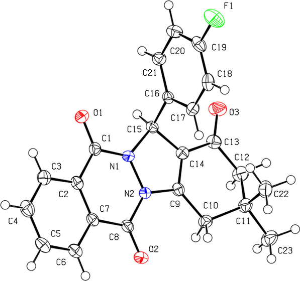 Molecular plot of 10 showing the labeling scheme of the non-H atoms and their displacement ellipsoids at a 50% probability level. The hydrogen atoms are shown as circles of arbitrary radii.