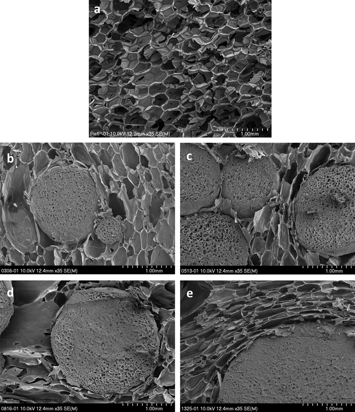 SEM microphotographs of the cross-sections of RPURF (a) and RPURF-EPS composites obtained using following fractions 0308 (b), 0513 (c), 0816 (d) and 1325 (e).