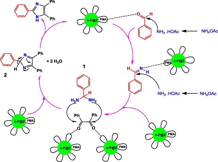 Possible mechanism for the synthesis of 2, 4, 5-trisubstituted imidazole in the presence of n-Fe3O4@ZrO2/PMA.