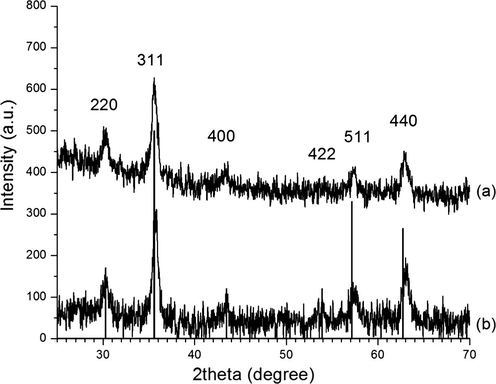 XRD patterns of γ-Fe2O3 NPs (a) and γ-Fe2O3 NPs after using six times (b).
