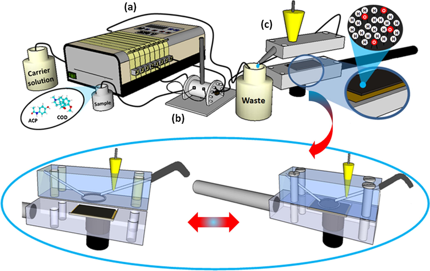 Schematic representation of the flow injection analysis (FIA) system employed: (a) peristaltic pump, (b) manual injector and (c) electrochemical detector with an Ag/AgCl (3.0 mol L−1 KCl) electrode as the reference electrode, a stainless steel tube as the auxiliary electrode and a CP–BDD electrode as the working electrode.