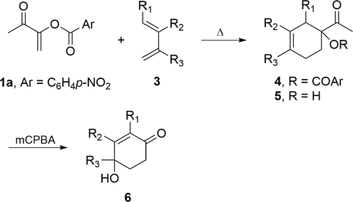 Regioselective Diels-Alder addition of captodative alkene 1a and conversion of adducts 5 into γ-hydroxycyclohexenones 6.
