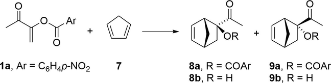 Preparation of adducts 8a-9a via Diels-Alder addition of captodative alkene 1a to cyclopentadiene (7), and structures of the α-ketol derivatives 8b and 9b.