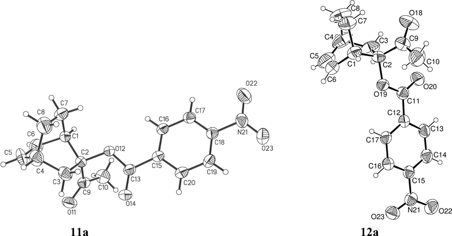 X-ray structures of the endo adduct 11a and exo adduct 12a (ellipsoids with 30% probability).