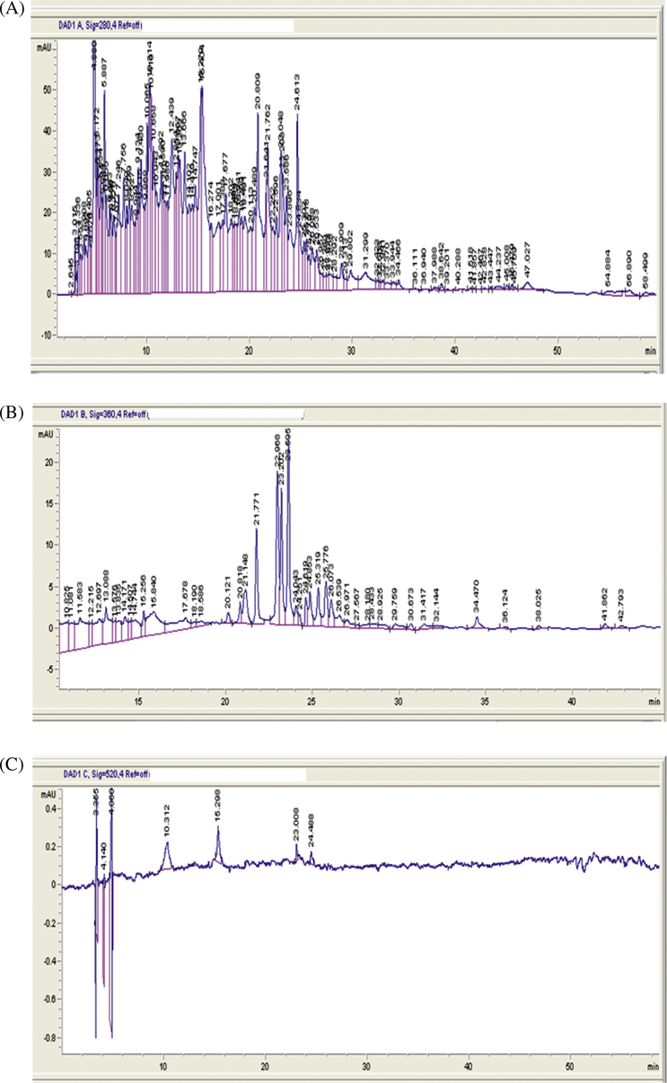 HPLC-UV-DAD chromatograms of extract of Rosa canina fruits.