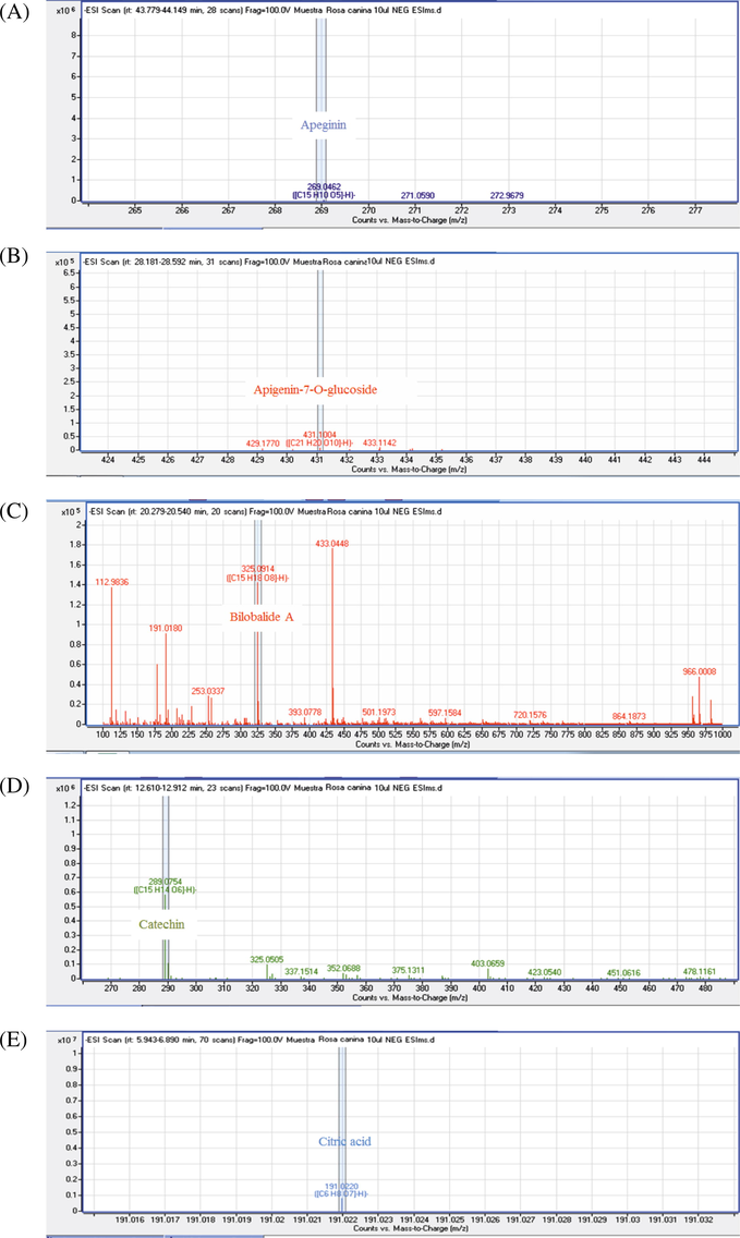 MS/MS spectra of chemical compounds of extract of Rosa canina. Apigenin (5A), Cafeic acid (3B), Apigenin-7-O-glucoside (5B), Bilobalide A (5C), Catechin (5D), Citric acid (5E), Dihydroquercetin (5F), Ellagic acid (5G), Gallacetophenone (5H), Gallocatechol (5I), Kaempferol-7-O-glucoside (5J), Luteolin 5-methyl ether (5K), Luteolin-4′-O-glucoside (5L), Luteolin-7-O-glucoside (5M), Procyanidin B3 (5N), Procyanidin B6 (5O), Pyrogallol-2-O-glucuronide (5P), Quercetin dehydrate (5Q), Quercetin (5R), Quercetol 3-O-rutinoside (5S), Rosmarinic acid (5T).