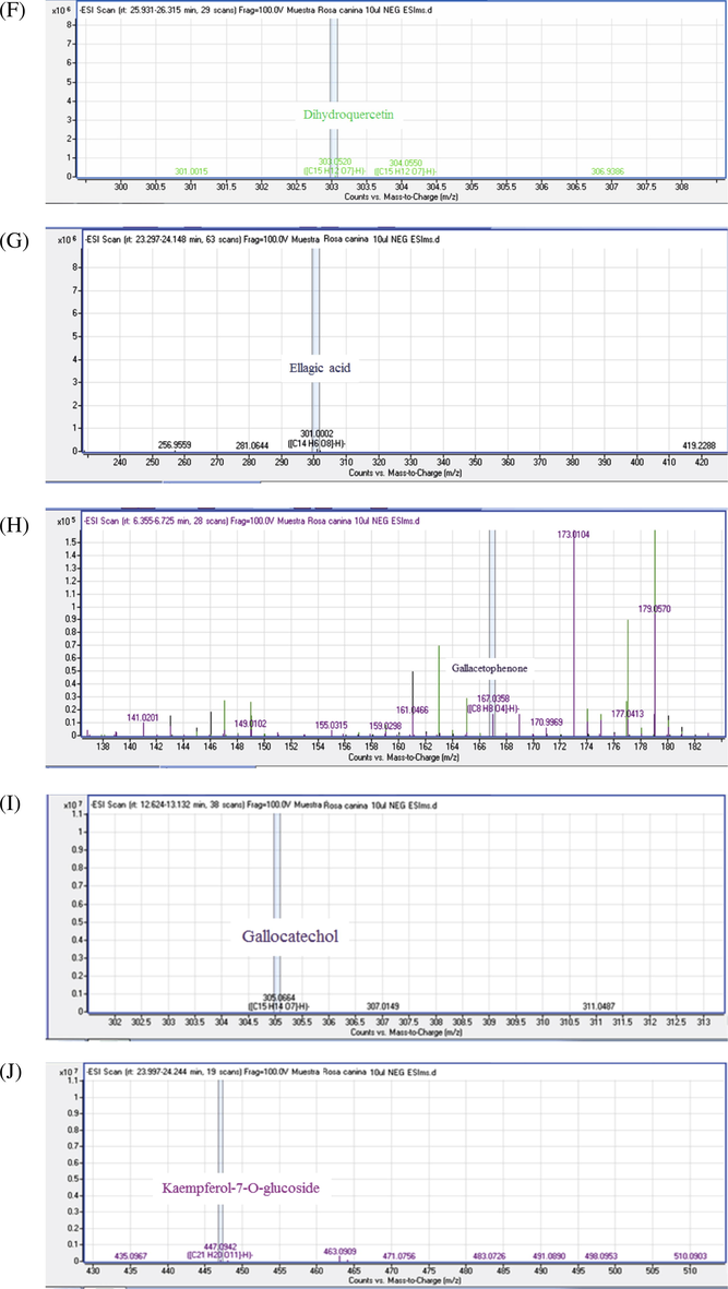 MS/MS spectra of chemical compounds of extract of Rosa canina. Apigenin (5A), Cafeic acid (3B), Apigenin-7-O-glucoside (5B), Bilobalide A (5C), Catechin (5D), Citric acid (5E), Dihydroquercetin (5F), Ellagic acid (5G), Gallacetophenone (5H), Gallocatechol (5I), Kaempferol-7-O-glucoside (5J), Luteolin 5-methyl ether (5K), Luteolin-4′-O-glucoside (5L), Luteolin-7-O-glucoside (5M), Procyanidin B3 (5N), Procyanidin B6 (5O), Pyrogallol-2-O-glucuronide (5P), Quercetin dehydrate (5Q), Quercetin (5R), Quercetol 3-O-rutinoside (5S), Rosmarinic acid (5T).